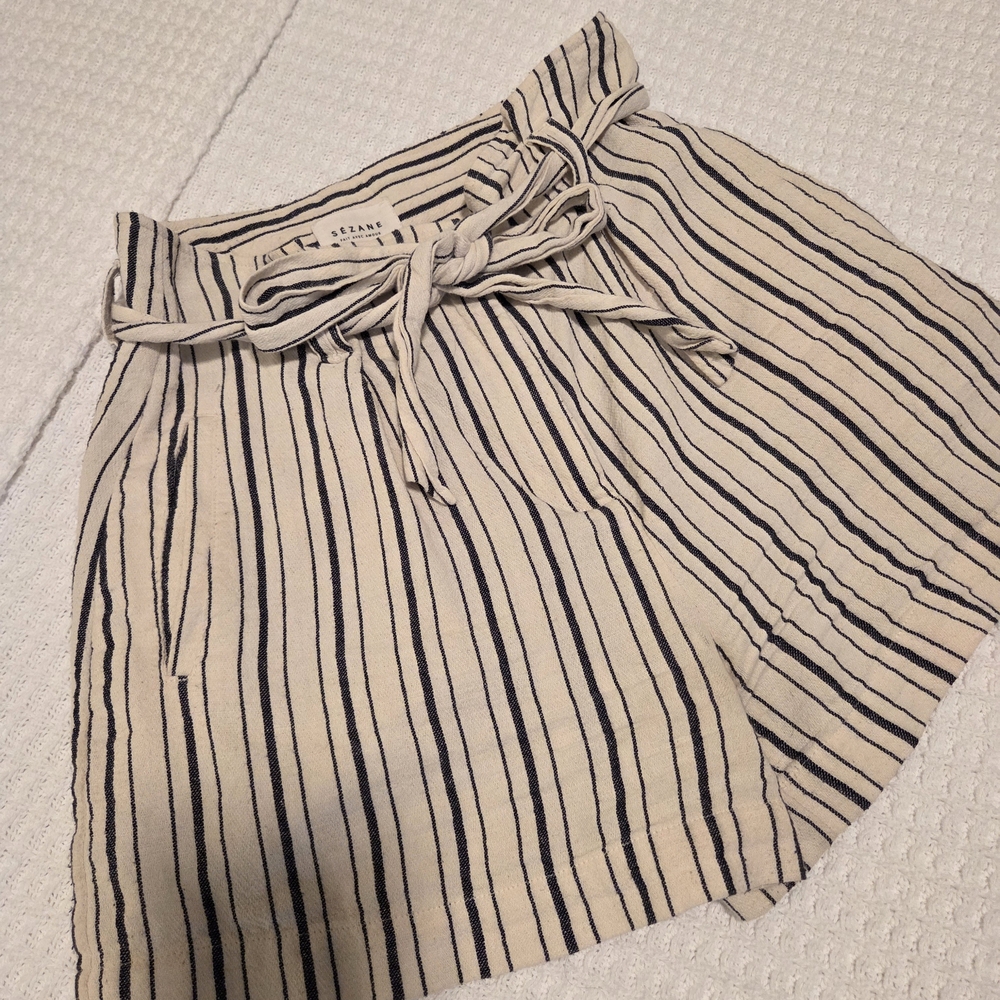 Sezane High Waist Striped Shorts - Cream and Black